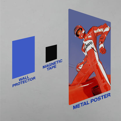 f1 driver in red marlboro racing suit standing on car metal poster with wall protector and magnetic tape mounting kit