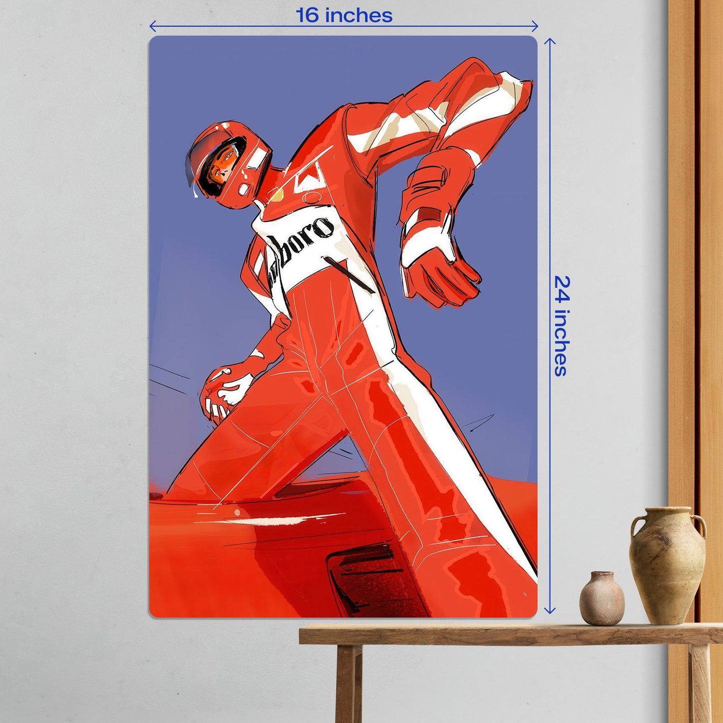 f1 driver in red marlboro racing suit standing on car metal poster 16 by 24 inches large size