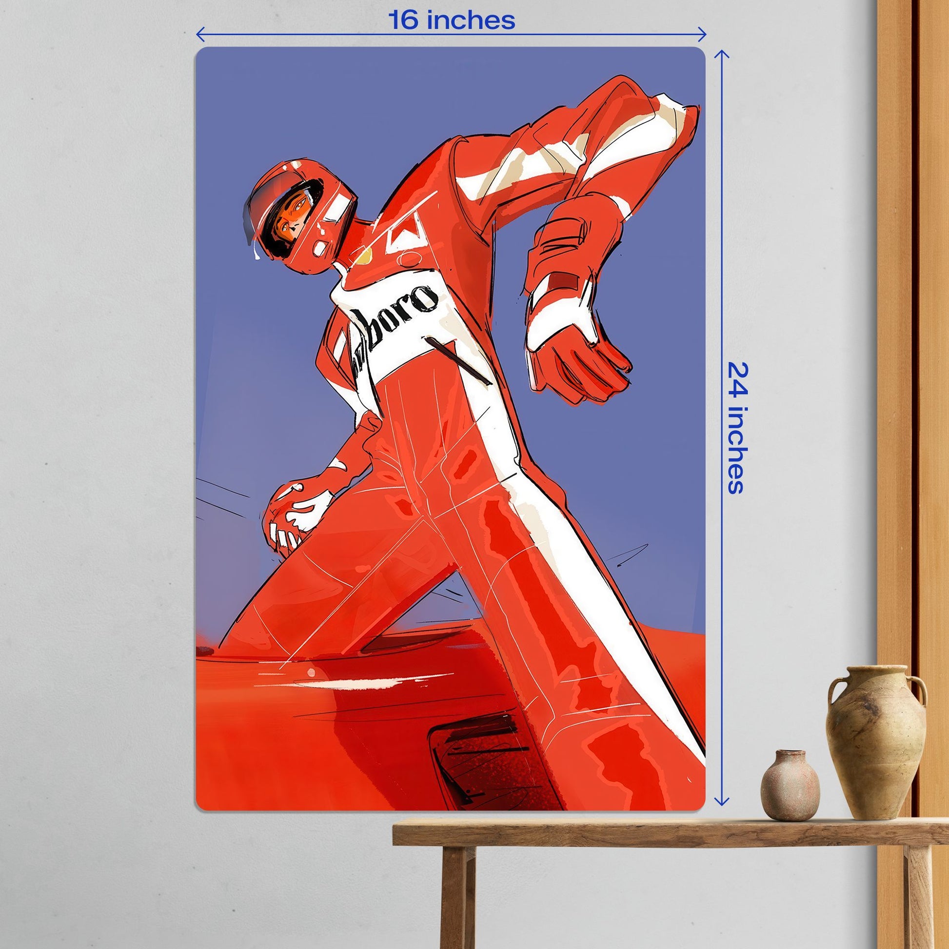 f1 driver in red marlboro racing suit standing on car metal poster 16 by 24 inches large size