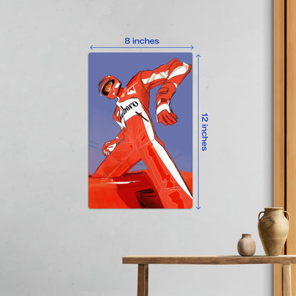 f1 driver in red marlboro racing suit standing on car metal poster 8 by 12 inches small size