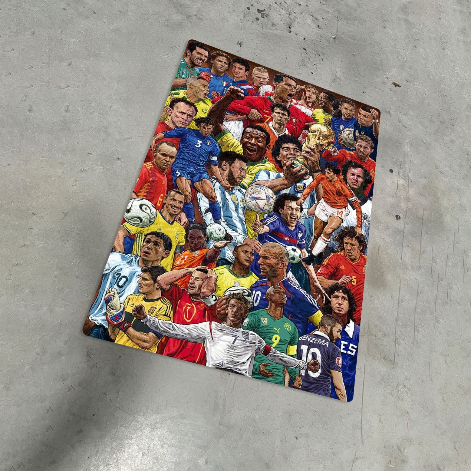 Football Legends World Cup Collage metal poster illustration on a grey concrete surface featuring iconic players and the championship trophy.