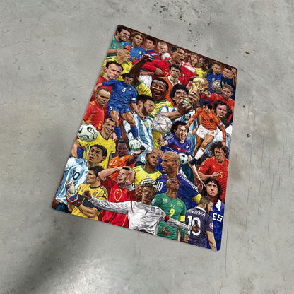 Football Legends World Cup Collage metal poster illustration on a grey concrete surface featuring iconic players and the championship trophy.