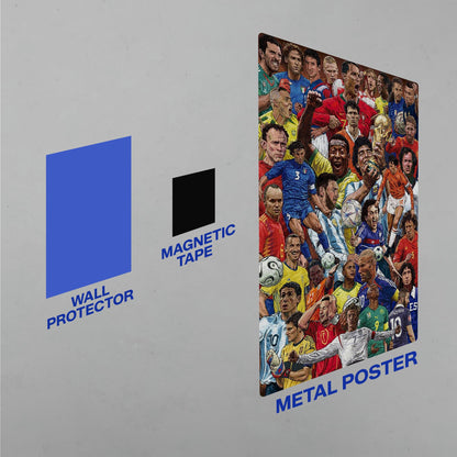 Diagram showing the easy installation process for a Football Legends World Cup Collage metal poster using a wall protector and magnetic tape.