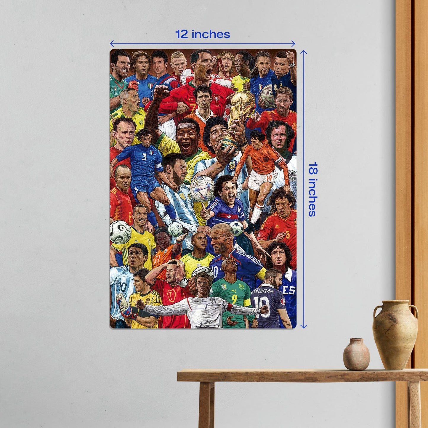 Medium size Football Legends World Cup Collage metal poster measuring 12 inches by 18 inches displayed as sports-themed wall art.