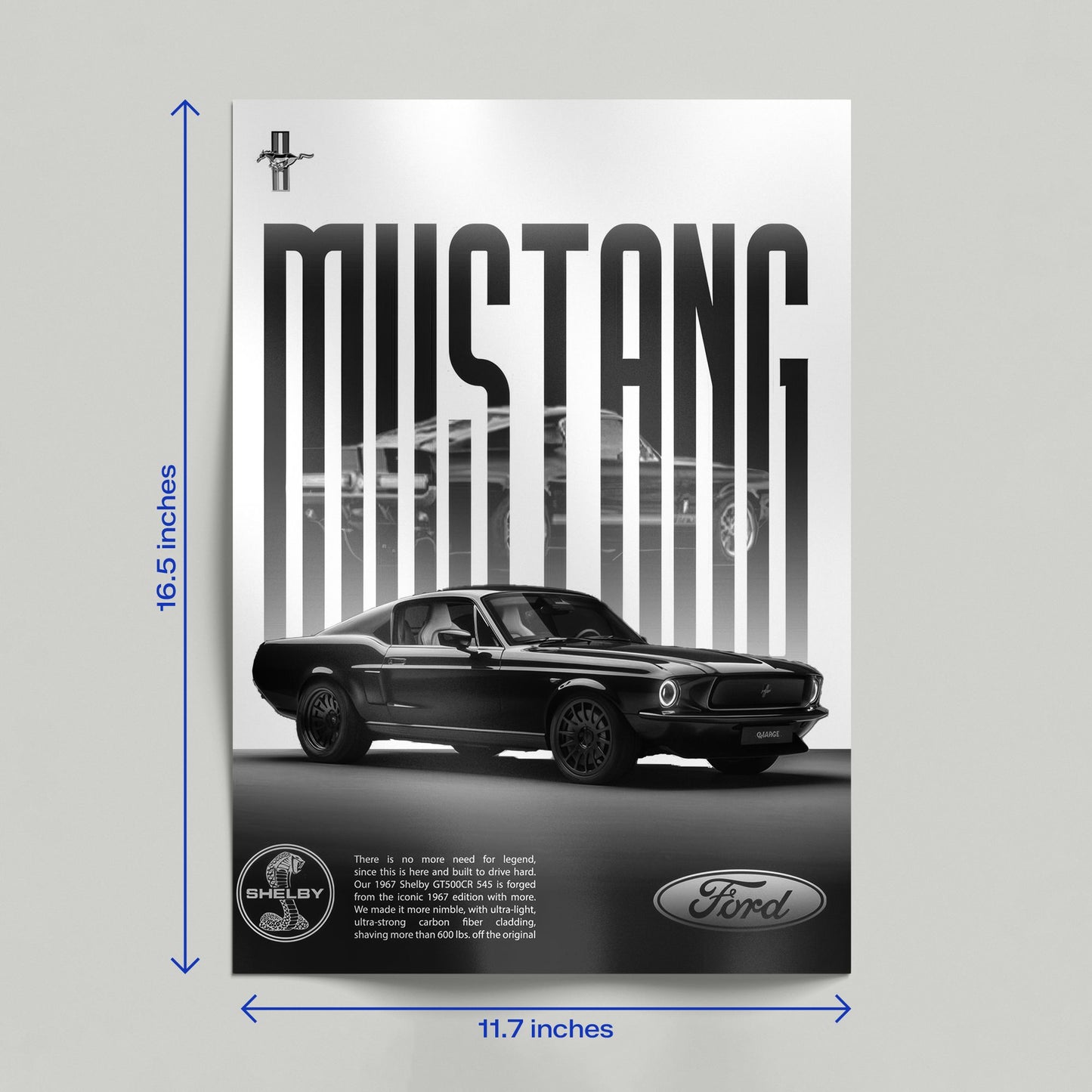 Hand holding a 1967 Ford Mustang Shelby GT500CR 545 black and white automotive enthusiast poster.