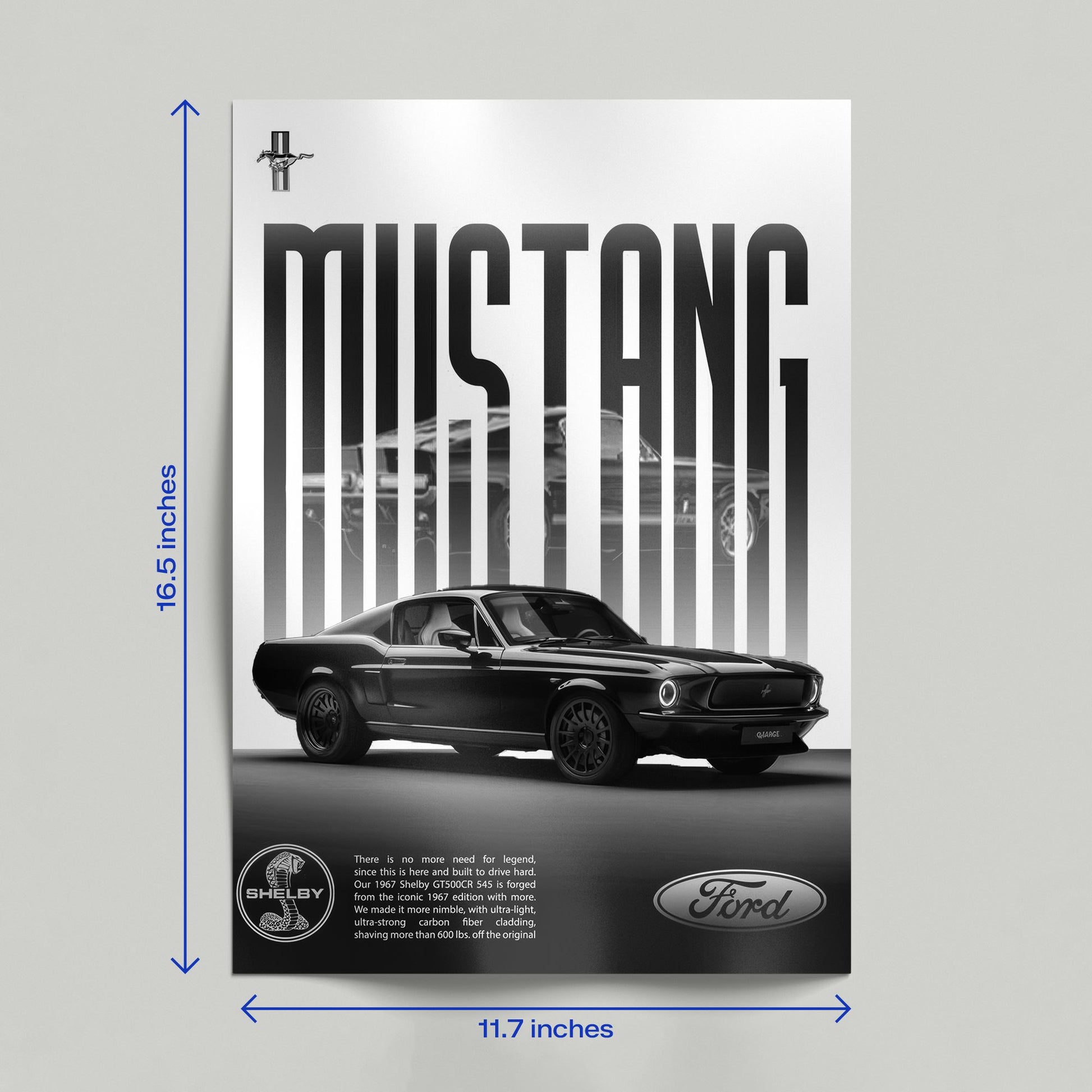 Hand holding a 1967 Ford Mustang Shelby GT500CR 545 black and white automotive enthusiast poster.