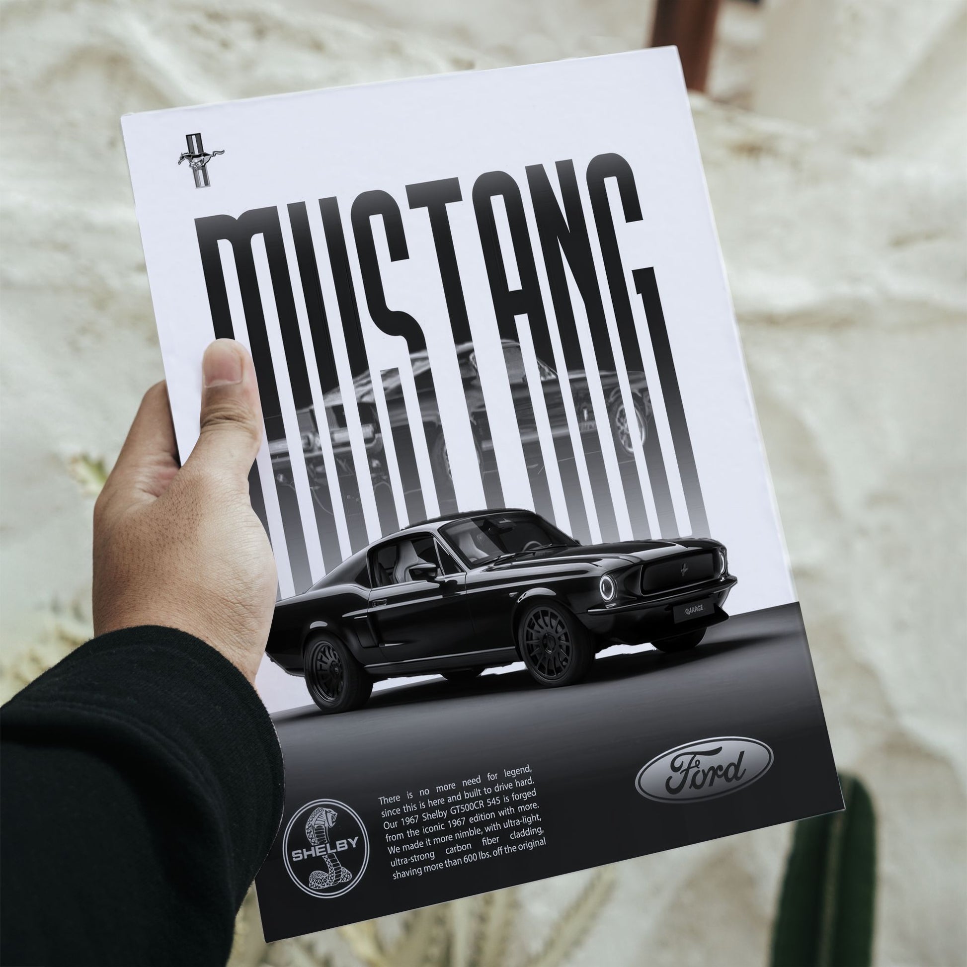Classic black and white Ford Mustang Shelby 1967 GT500CR 545 poster with dimensions 11.7 by 16.5 inches.