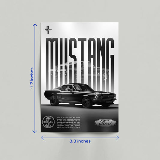 Black and white Ford Mustang Shelby GT500CR 545 automotive poster displayed leaning against a wall in a home interior.