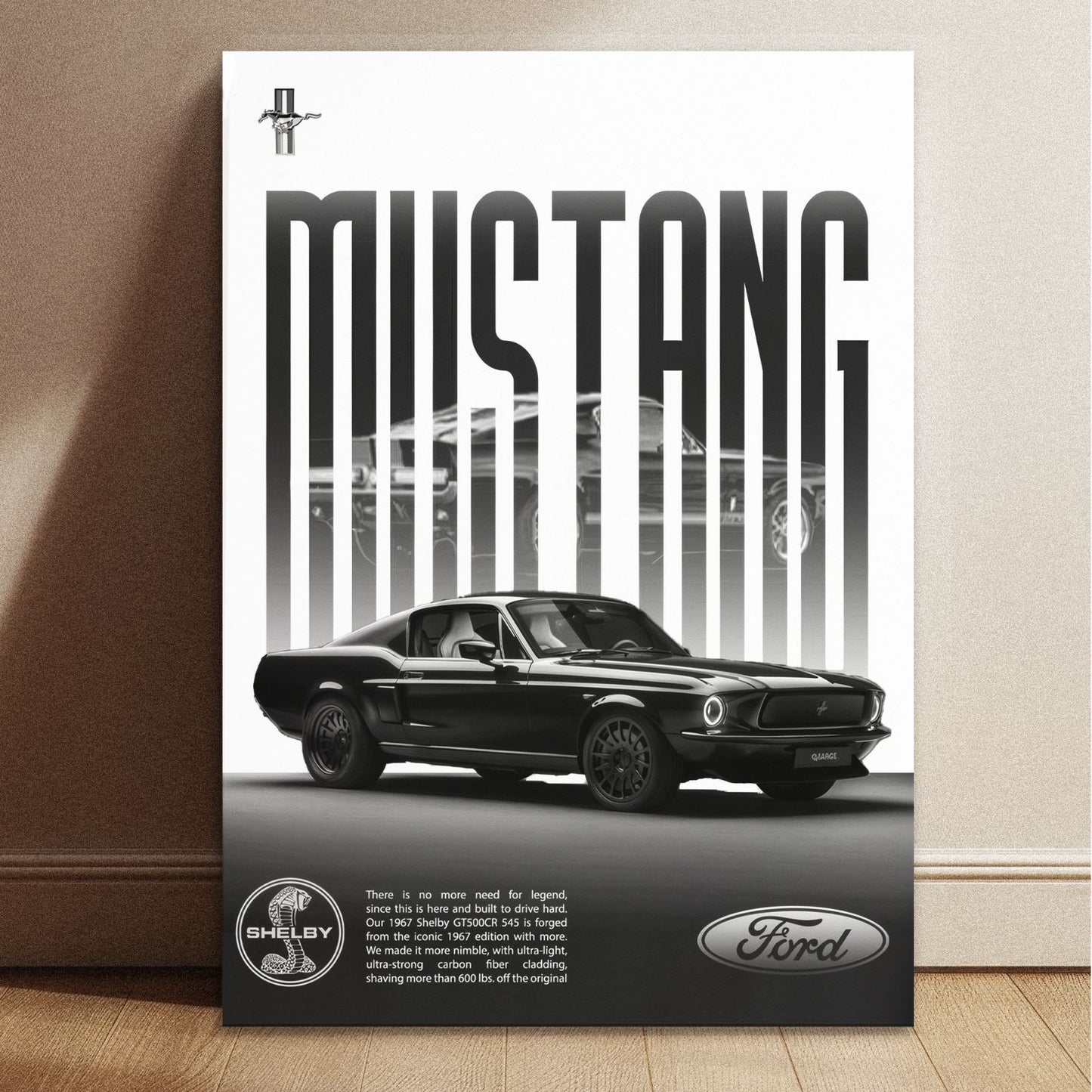 Modern black and white Ford Mustang Shelby GT500CR automotive wall art poster with dimensions 8.3 by 11.7 inches.
