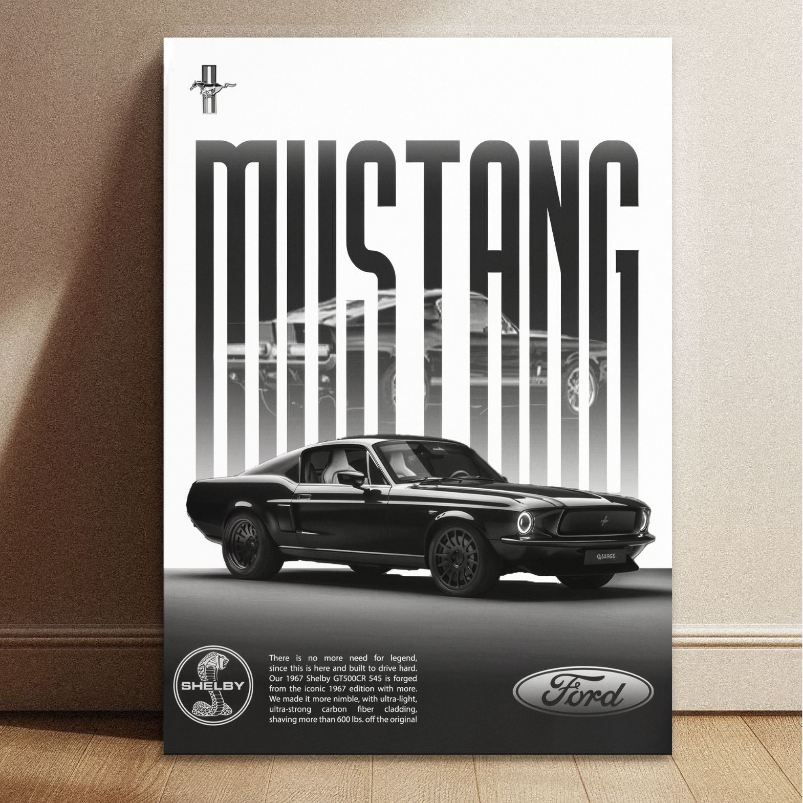 Modern black and white Ford Mustang Shelby GT500CR automotive wall art poster with dimensions 8.3 by 11.7 inches.