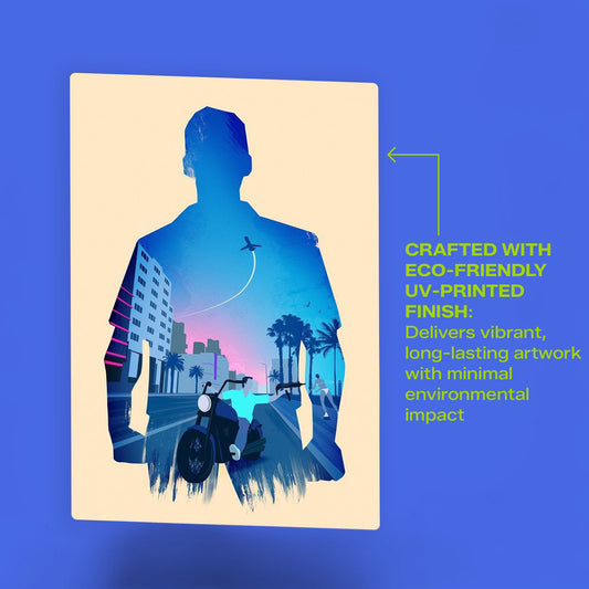 Vibrant GTA Vice City metal wall art with eco-friendly UV-printed finish featuring Tommy Vercetti silhouette and iconic Miami-inspired street scene.