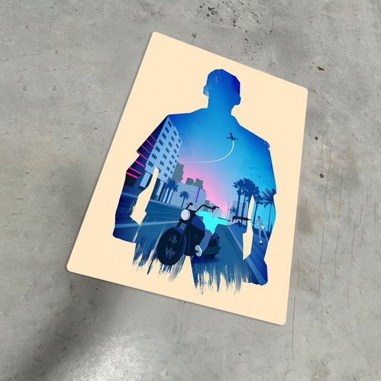 GTA Vice City Tommy Vercetti metal poster on a textured grey background showing a double exposure silhouette with a 1980s retro sunset and motorcycle.