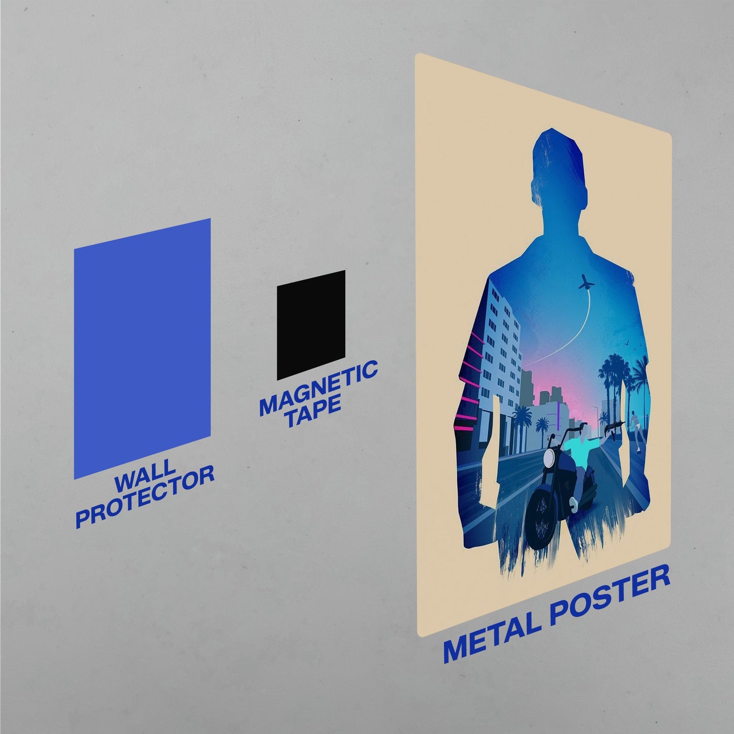 Installation guide for GTA Vice City metal poster showing wall protector, magnetic tape, and the final Tommy Vercetti wall decor.