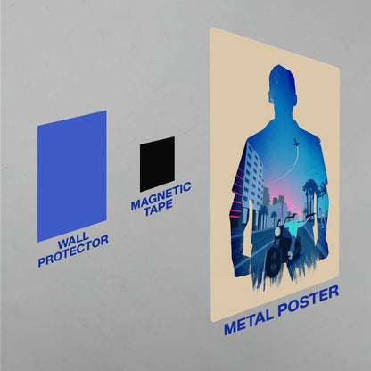 Installation guide for GTA Vice City metal poster showing wall protector, magnetic tape, and the final Tommy Vercetti wall decor.