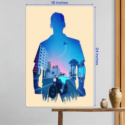 Large 16x24 inch GTA Vice City metal poster of Tommy Vercetti mounted on a wall above a wooden table with decorative vases.