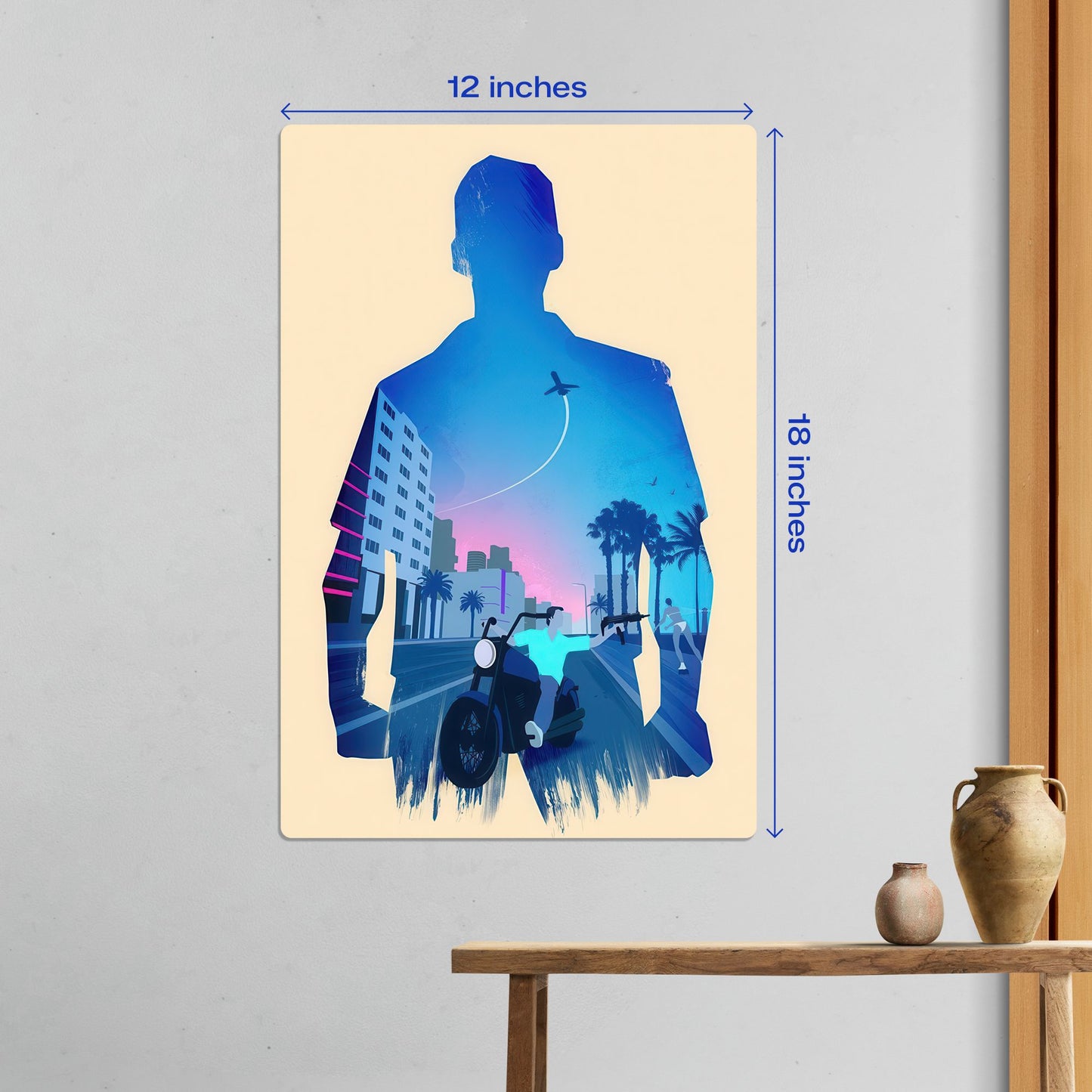 Medium 12x18 inch GTA Vice City metal poster featuring Tommy Vercetti silhouette and retro 80s aesthetic for gaming room decor.