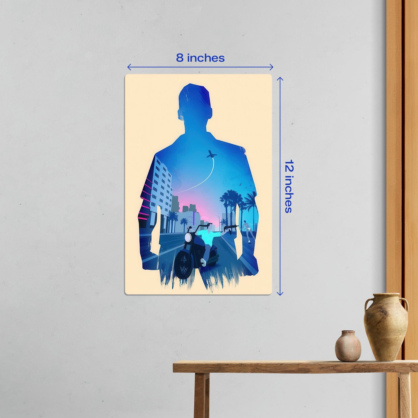 Small 8x12 inch GTA Vice City Tommy Vercetti metal wall art print displayed in a home interior setting showing relative size.
