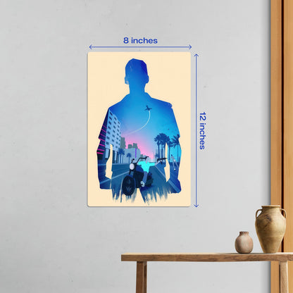 Small 8x12 inch GTA Vice City Tommy Vercetti metal wall art print displayed in a home interior setting showing relative size.