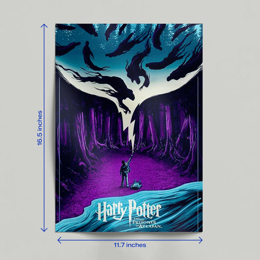 Harry Potter and the Prisoner of Azkaban art print held by hand showing a minimalist purple forest and Dementor design.