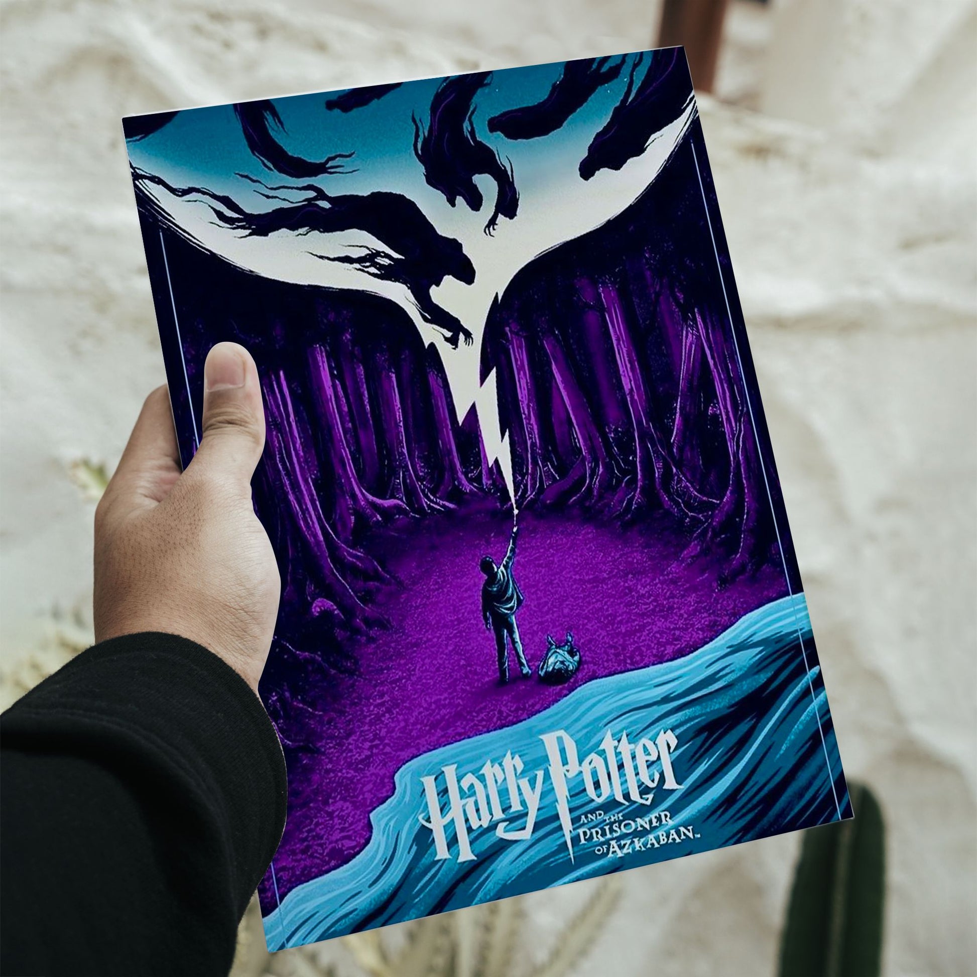 Harry Potter and the Prisoner of Azkaban movie poster size guide showing 11.7 by 16.5 inch dimensions with blue arrows.