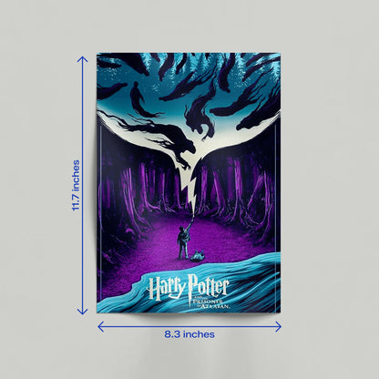 Harry Potter and the Prisoner of Azkaban canvas art print leaning against a wall on a light wood floor in a home setting.