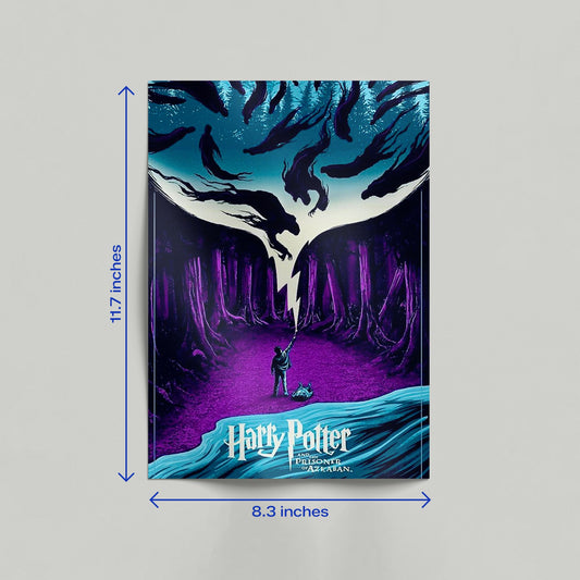 Harry Potter and the Prisoner of Azkaban canvas art print leaning against a wall on a light wood floor in a home setting.