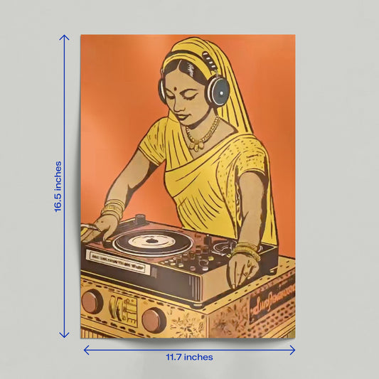 Hand holding a physical print of a retro Indian DJ lady illustration featuring vibrant yellow and orange tones.