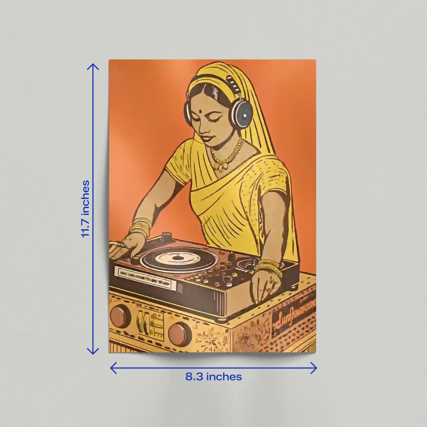 A large wall-mounted art print of a vintage Indian woman DJ illustration leaning against a neutral interior wall.