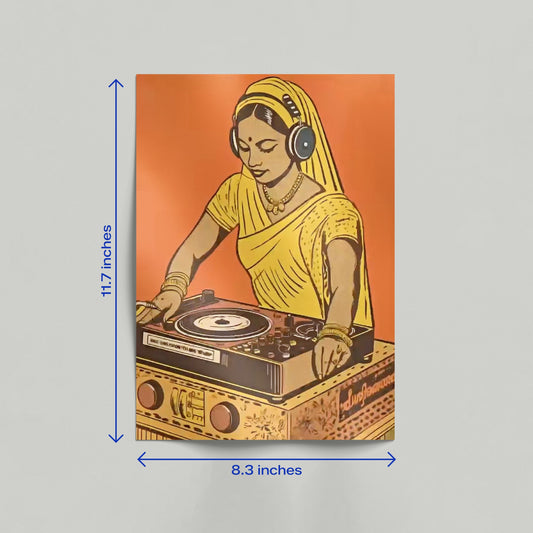 A large wall-mounted art print of a vintage Indian woman DJ illustration leaning against a neutral interior wall.
