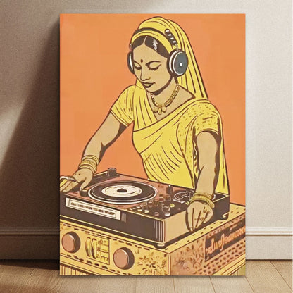 Vintage style illustration of a woman in traditional Indian attire as a DJ on a vertical 11.7 by 8.3 inch orange poster.