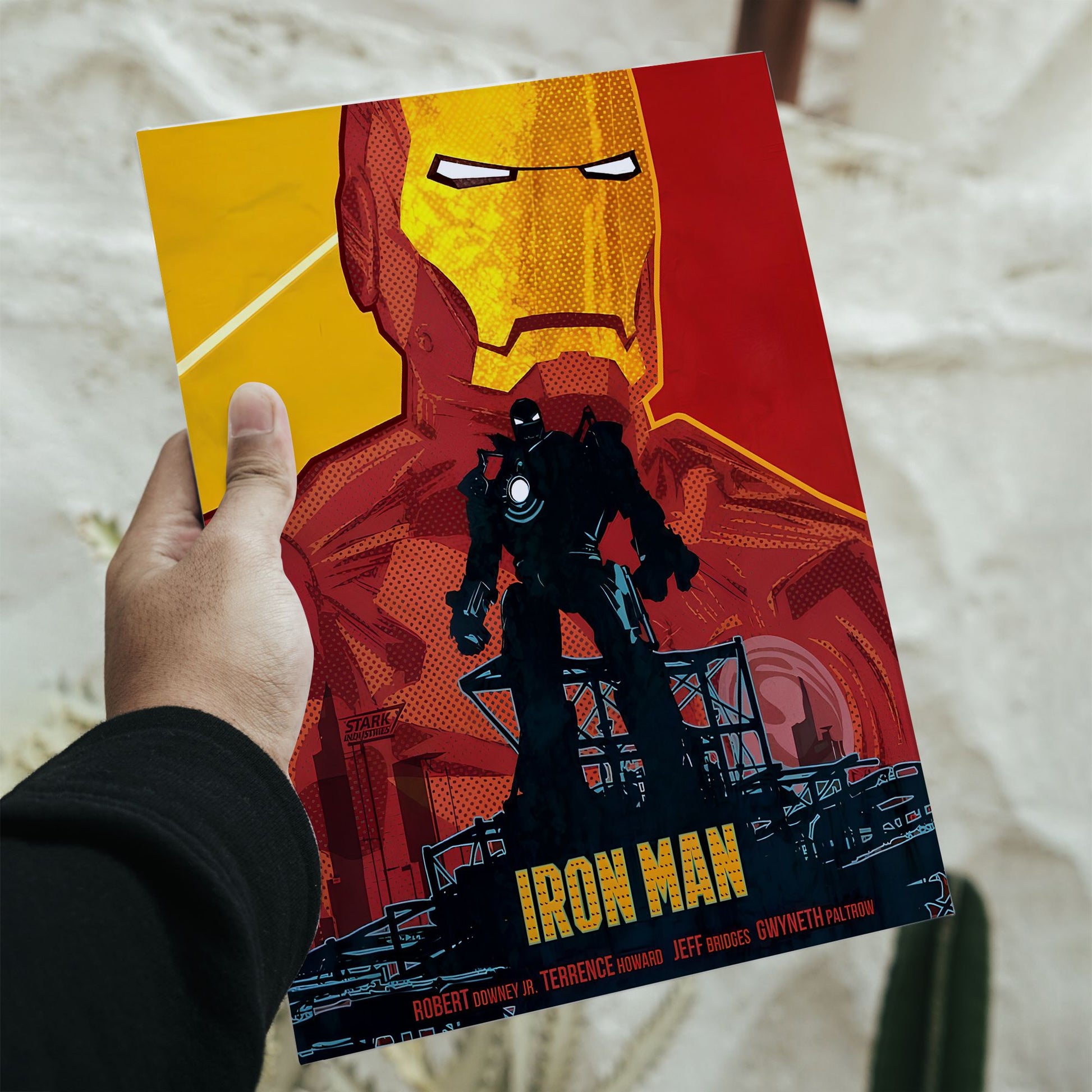 Iron Man Retro Armor Silhouette Poster size guide showing 16.5 by 11.7 inches dimensions. Retro superhero wall art featuring Iron Man's helmet and suit silhouette over a Stark Industries background.