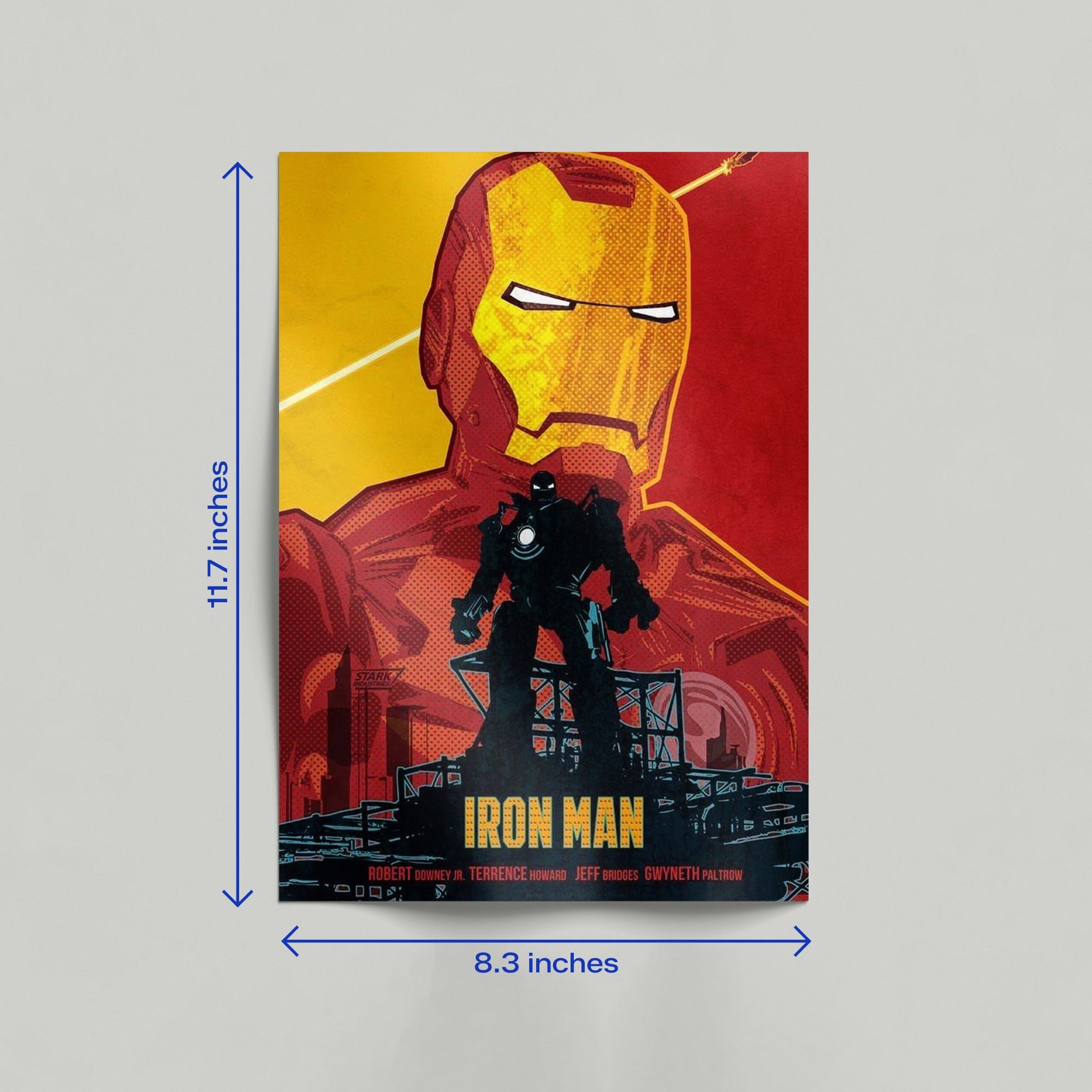 Iron Man Retro Armor Silhouette artwork printed on a stretched canvas, leaning against a wall on a wooden floor. A piece of retro superhero home decor and wall art.