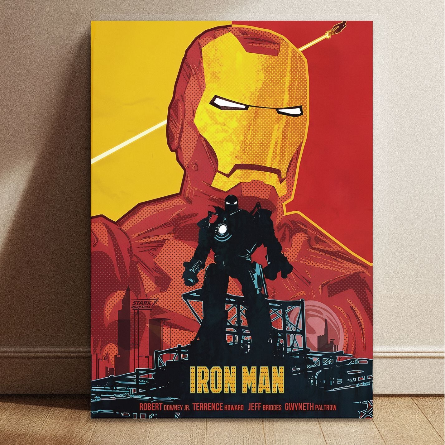 Iron Man Retro Armor Silhouette Poster size guide showing 11.7 by 8.3 inches dimensions. Classic comic book style wall art print featuring Iron Man.