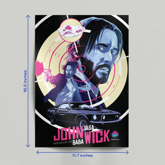 A person holding a John Wick neo-noir action poster featuring Keanu Reeves with a stylistic target and skull graphic.