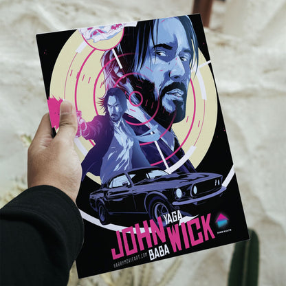 John Wick movie poster in 11.7 by 16.5 inch dimensions featuring Keanu Reeves and a classic Mustang in a neon noir style.