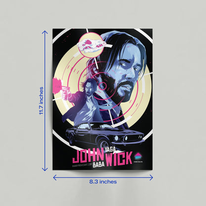 John Wick neo-noir film poster displayed as a canvas print against a wall featuring Keanu Reeves and a vintage muscle car.