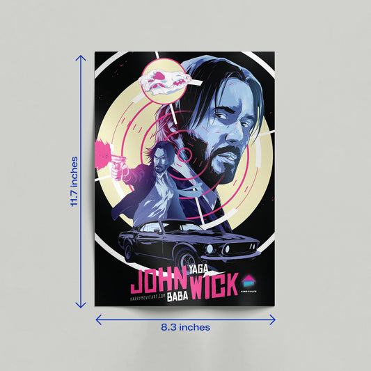 John Wick neo-noir film poster displayed as a canvas print against a wall featuring Keanu Reeves and a vintage muscle car.
