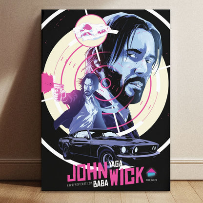 John Wick action movie poster in 8.3 by 11.7 inch dimensions with vibrant pink and blue graphic design elements.