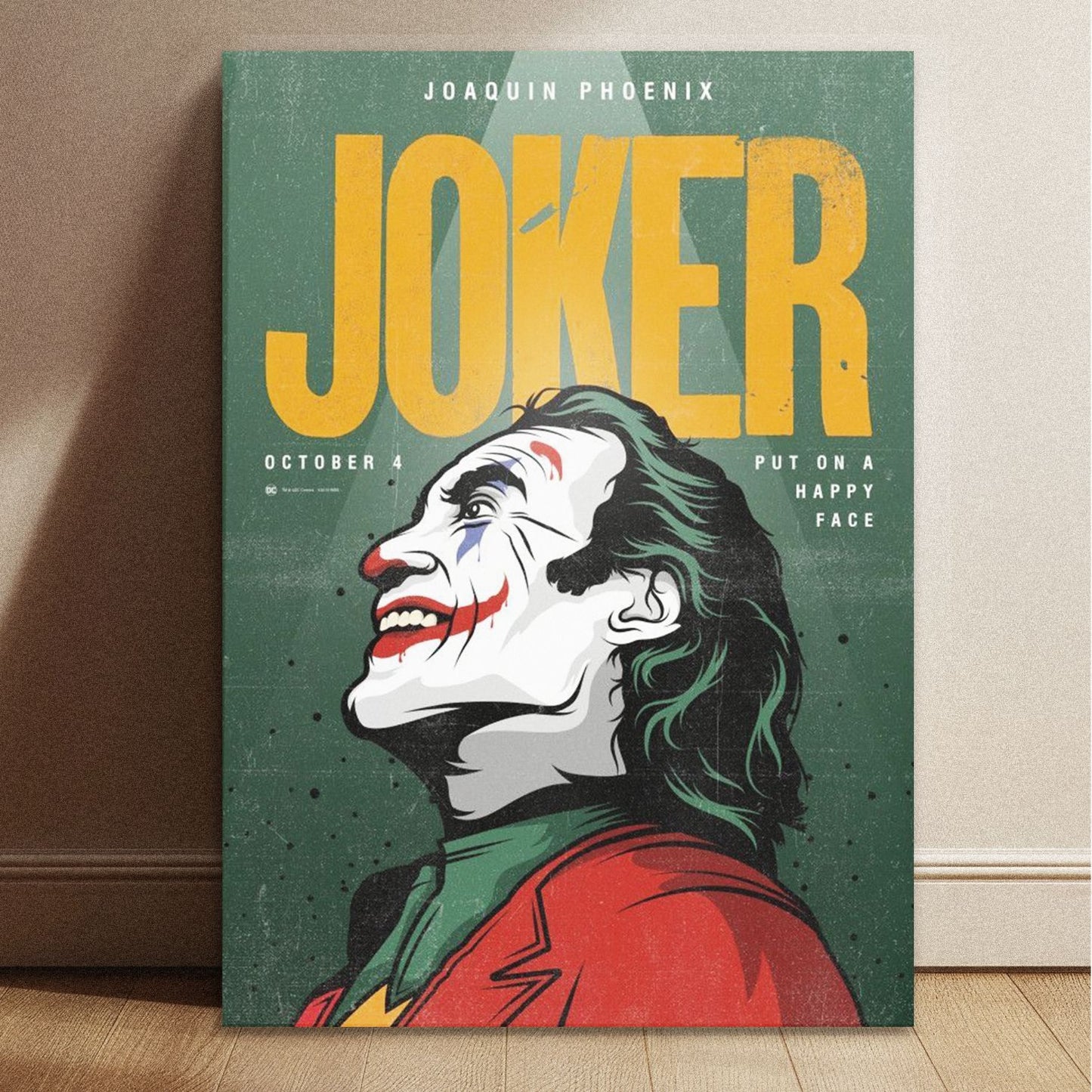 Joker movie art print size guide for Joaquin Phoenix illustration with 8.3 by 11.7 inch dimensions labeled in blue.