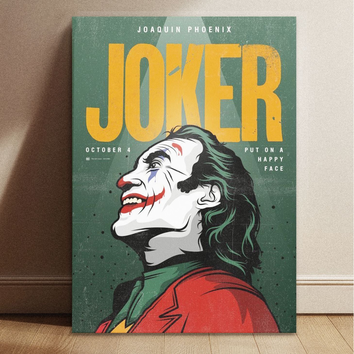 Joker movie art print size guide for Joaquin Phoenix illustration with 8.3 by 11.7 inch dimensions labeled in blue.