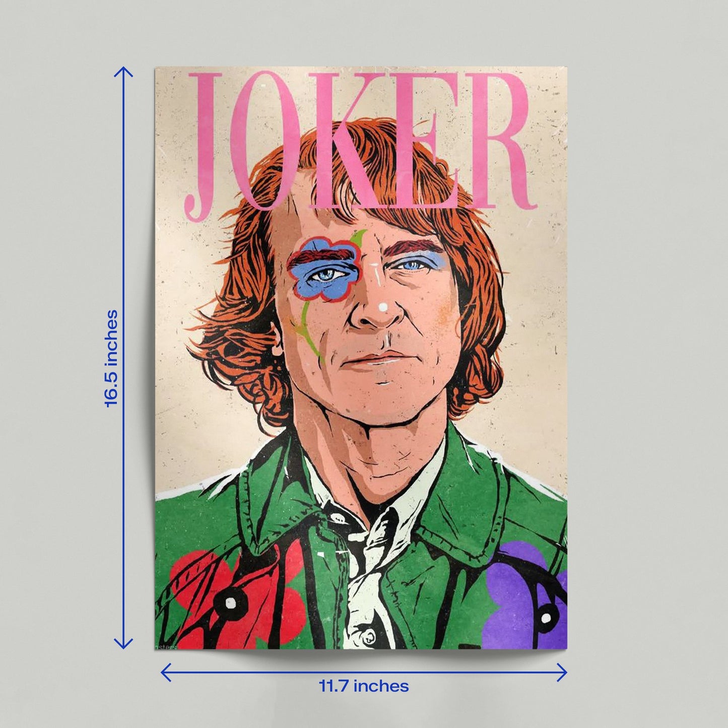 Close up of a hand holding the Joaquin Phoenix Joker pastel art poster to show the high quality print and textured paper detail.