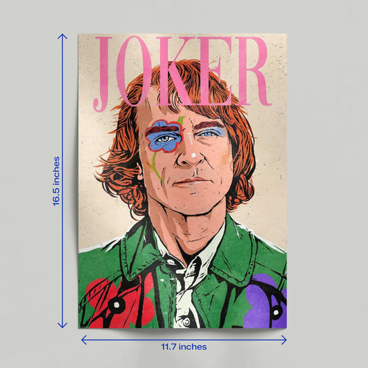 Close up of a hand holding the Joaquin Phoenix Joker pastel art poster to show the high quality print and textured paper detail.