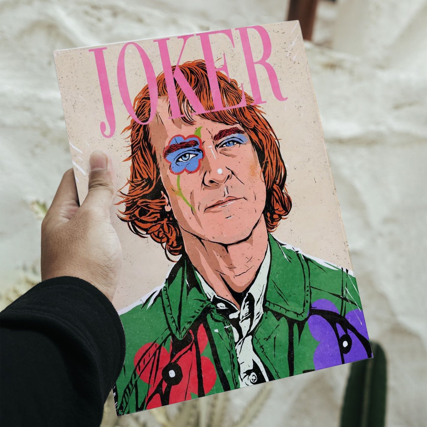 Joaquin Phoenix Joker pastel art poster in A3 size measuring 11.7 by 16.5 inches featuring colorful floral face paint.