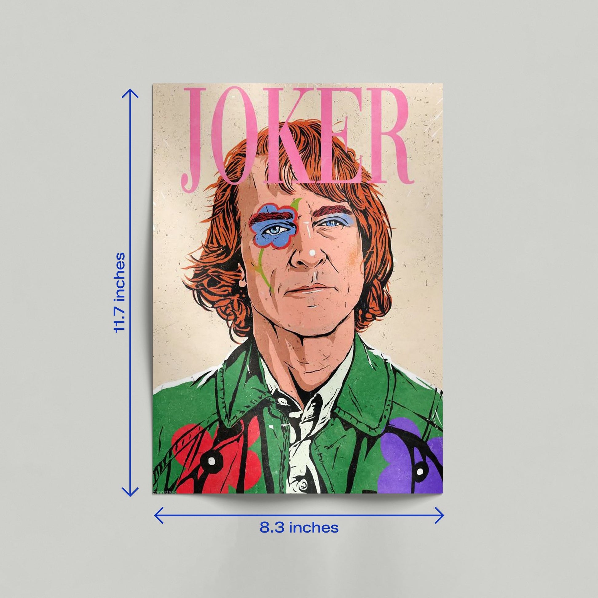 Joaquin Phoenix Joker pastel art poster leaning against a wall in a brightly lit room as a modern home decor display.