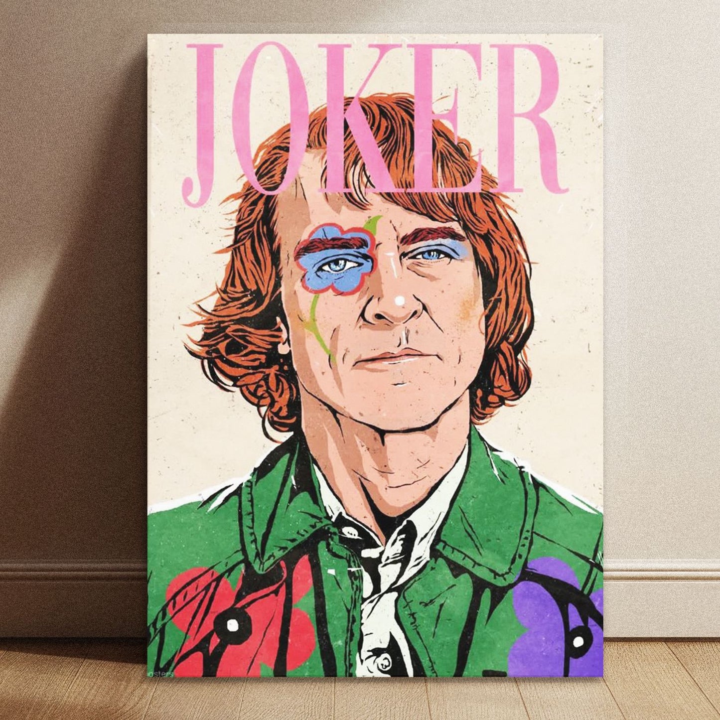 Joaquin Phoenix Joker pastel art poster in A4 size measuring 8.3 by 11.7 inches with vibrant green jacket and pink typography.