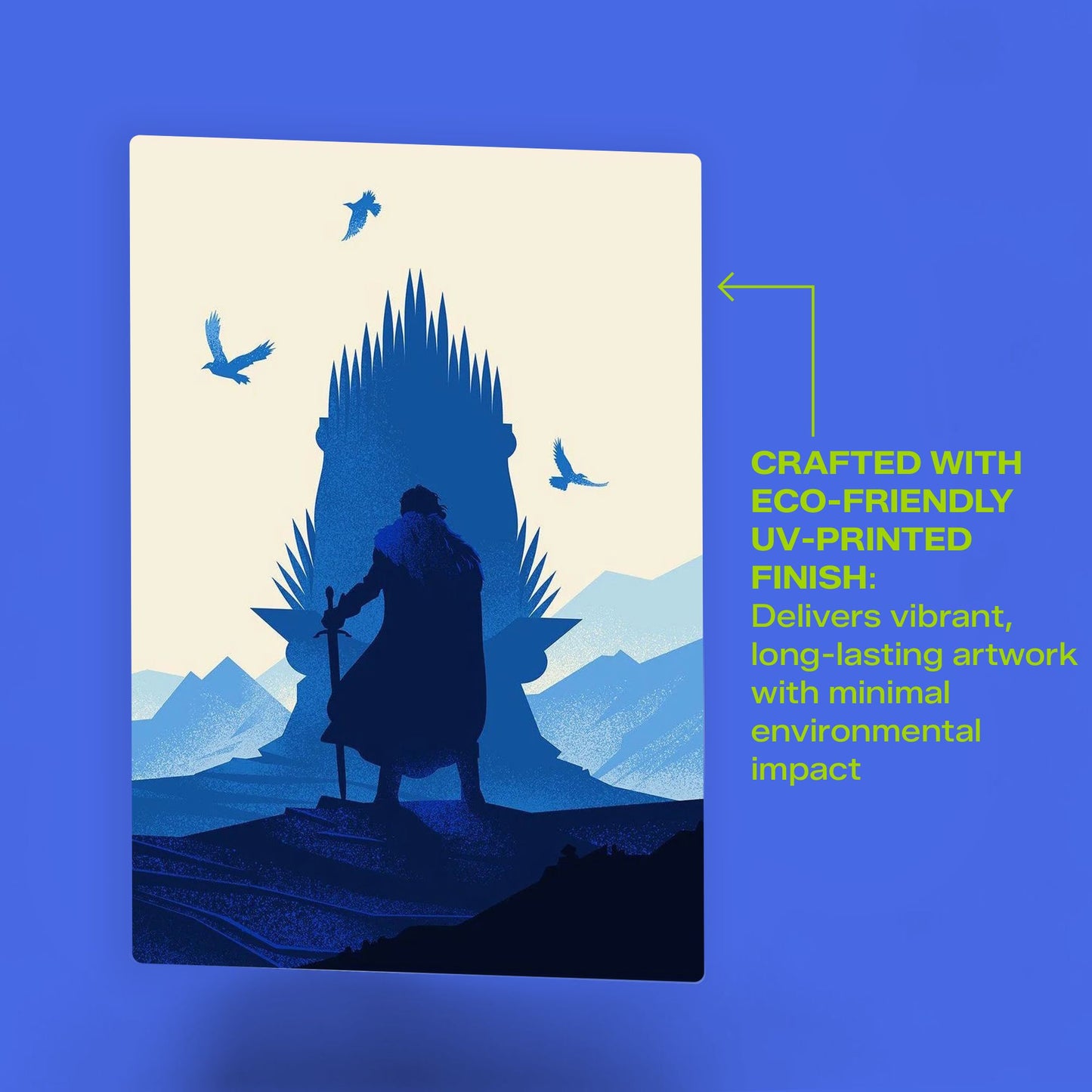 Jon Snow Iron Throne metal wall art with eco-friendly UV-printed finish for high-quality vibrant fantasy artwork.