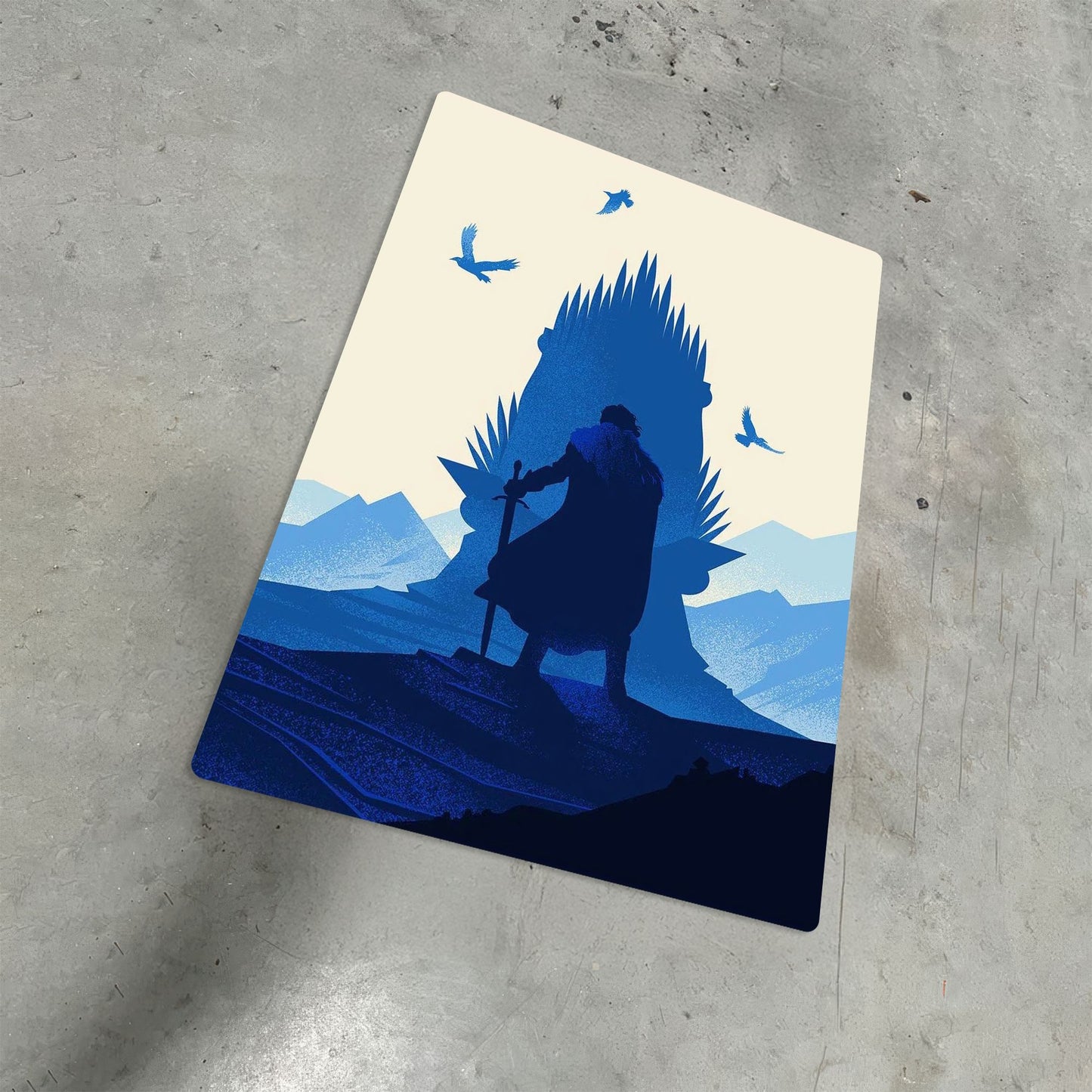 Jon Snow Game of Thrones metal poster featuring the Iron Throne silhouette lying on a textured grey floor.