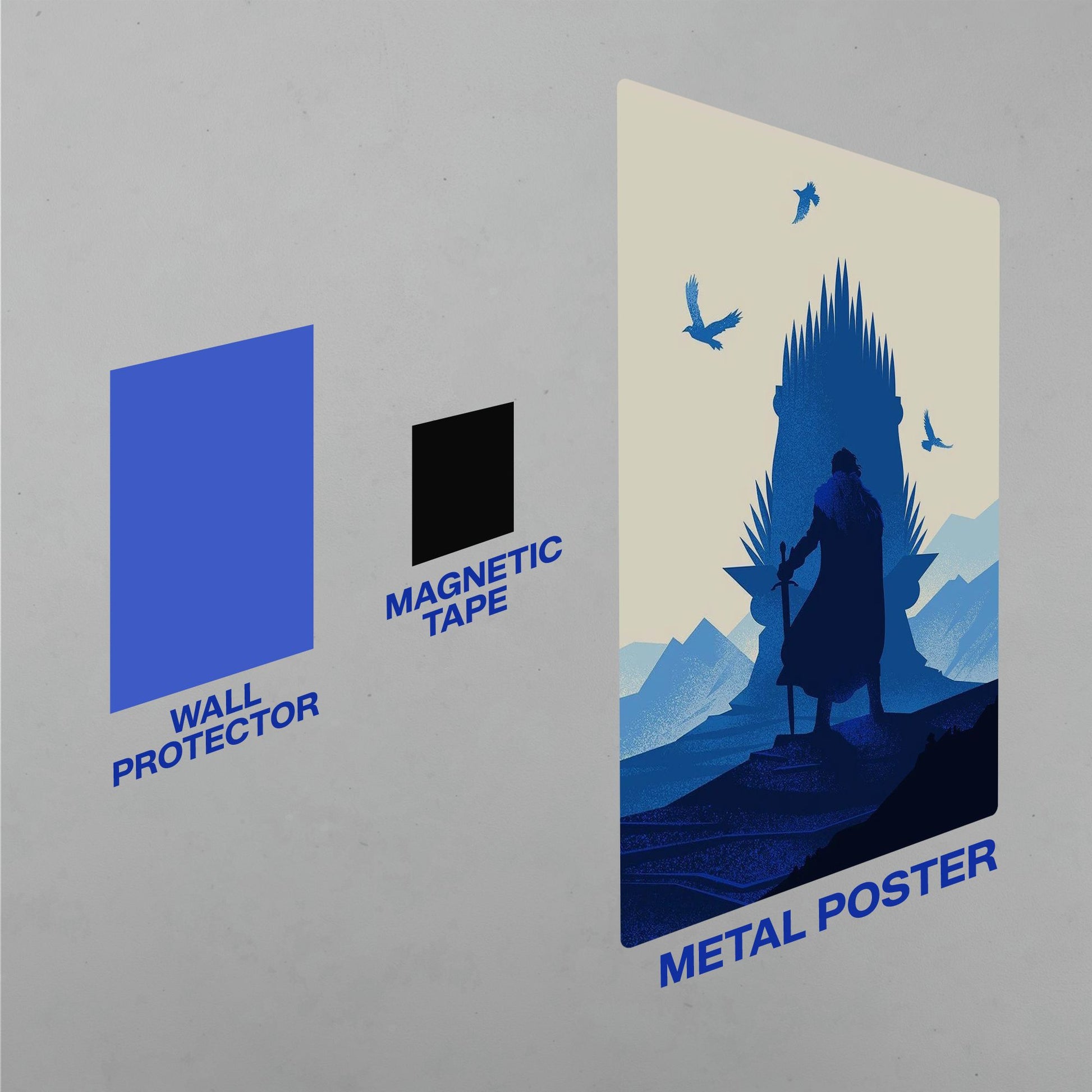 Game of Thrones Jon Snow metal poster installation components including magnetic tape and protective wall leaf.