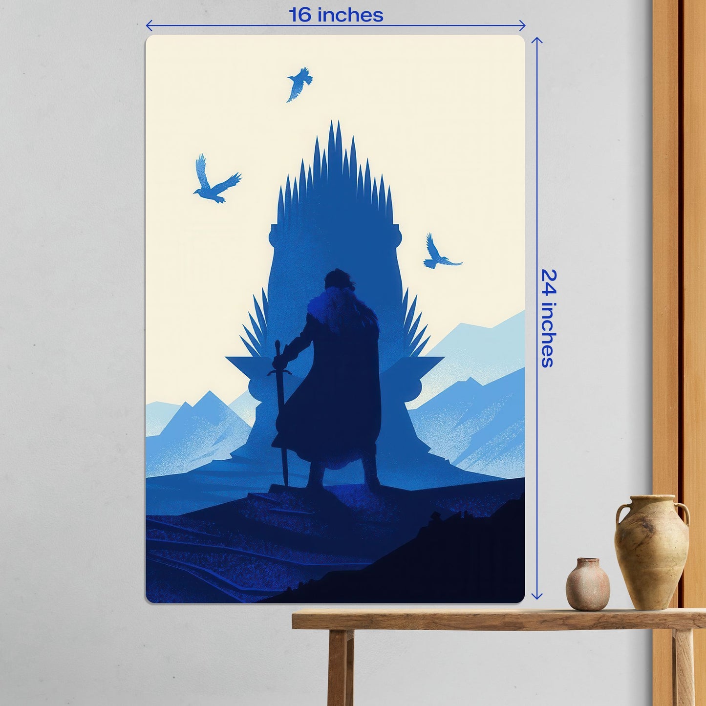 Large 16x24 inch Jon Snow Game of Thrones metal poster displayed as a focal point in a modern minimalist room.