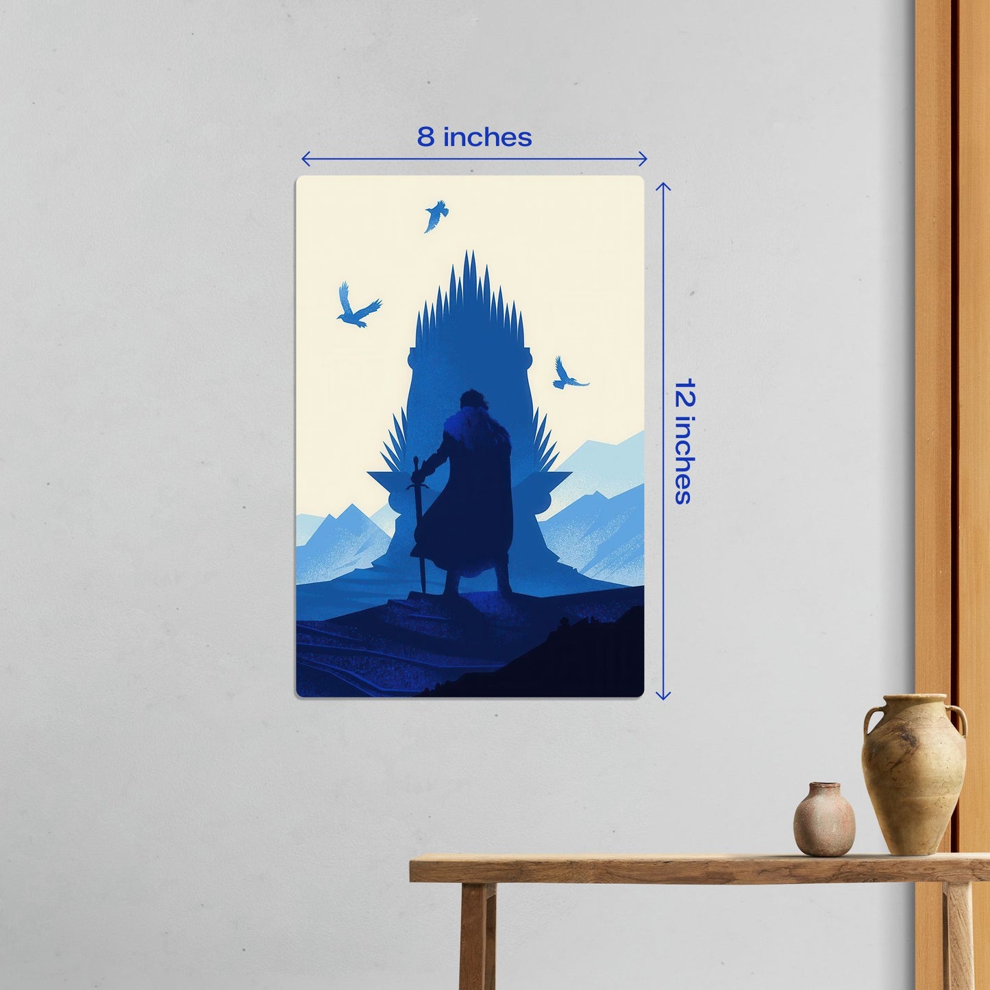 Small 8x12 inch Jon Snow Iron Throne metal poster shown in a home interior to demonstrate small-scale wall art sizing.